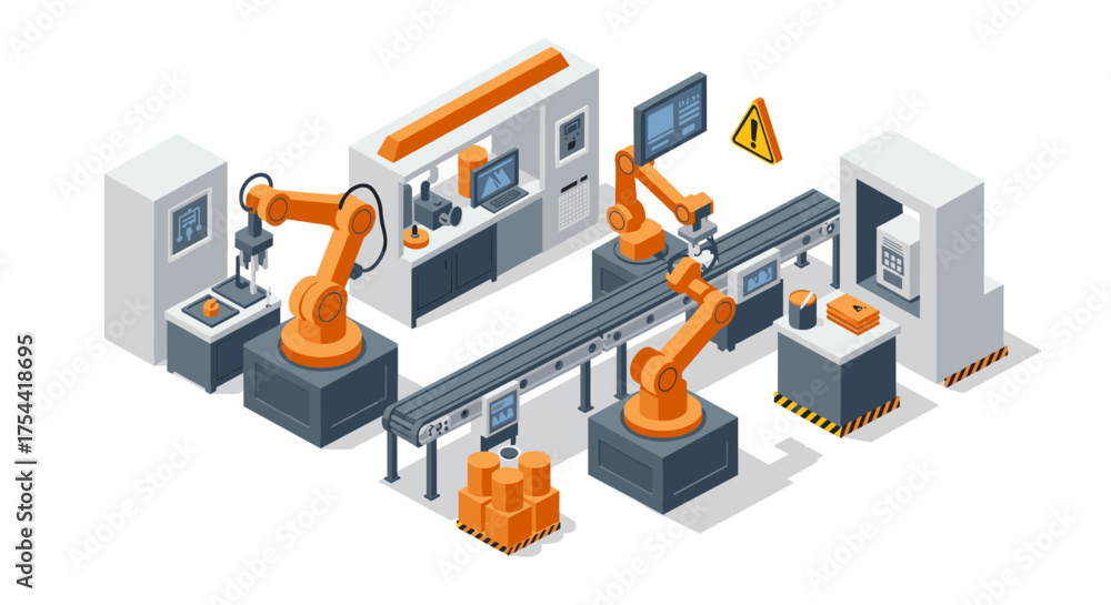 Obraz premium Automated manufacturing facility with robotic arm assembly line in isometric style