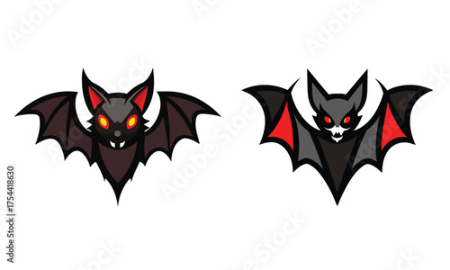 Two stylized cartoon bats with glowing eyes and red accents