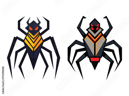 Two stylized geometric spiders facing each other