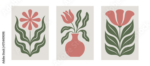 Set of three abstract floral illustrations with a minimalist aesthetic and muted color palette