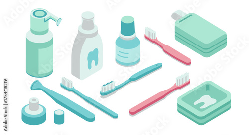 Isometric bathroom essentials: toothbrushes and toiletries in refreshing pastels