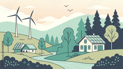 Sustainable Living in Harmony A Serene Landscape of Eco Friendly Homes Wind Turbines and a Flowing River