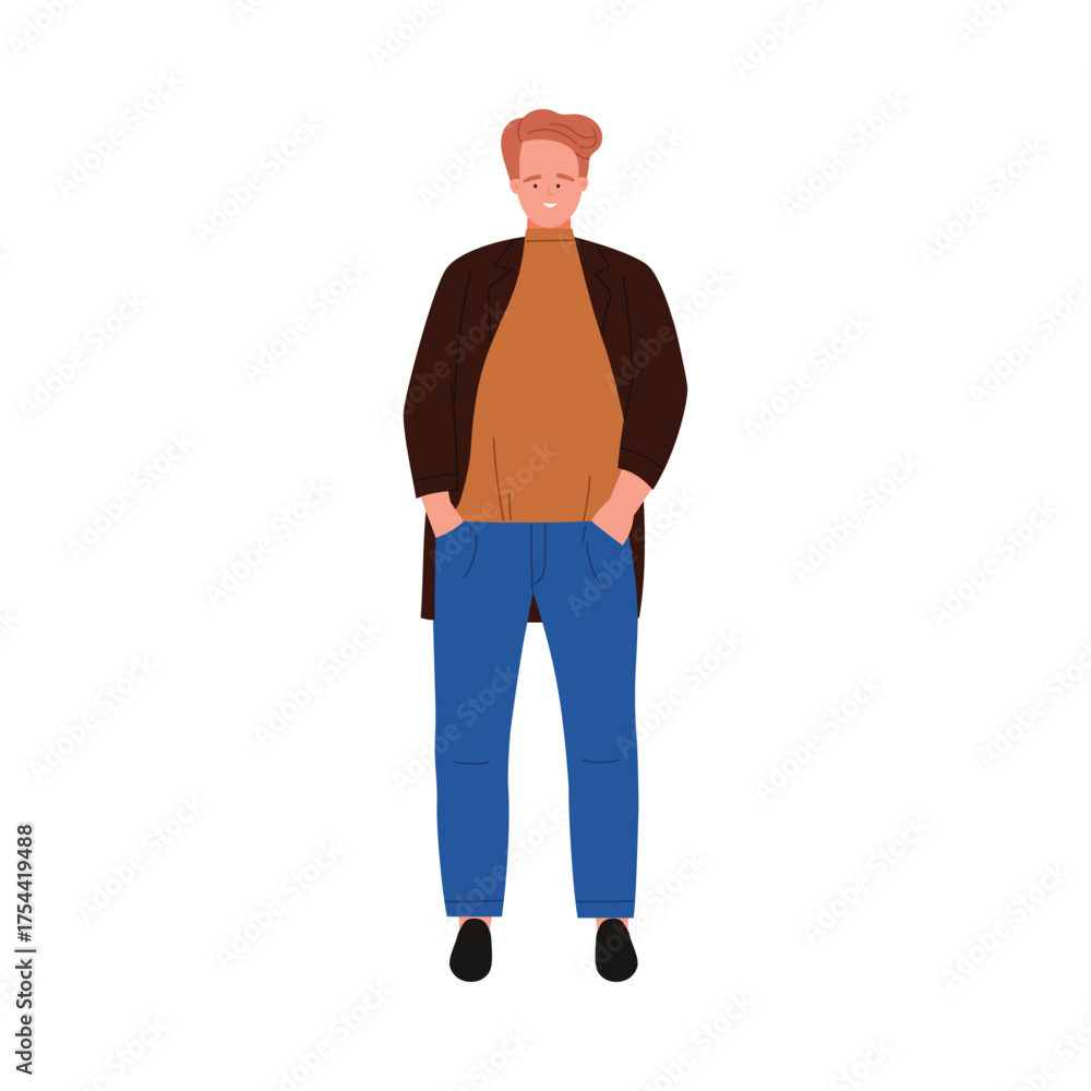 Fototapeta premium Smiling young man in casual outfit standing isolated on white background vector illustration