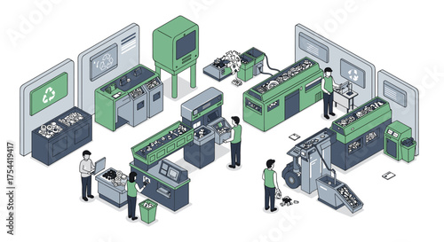 Isometric recycling center with workers and machinery in eco-friendly setting