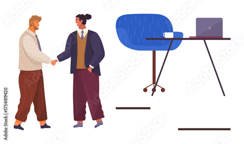 Two colleagues shake hands symbolizing teamwork and agreement. Nearby a workspace with desk, laptop, and chair. Ideal for collaboration, career, professionalism, agreement, partnership business