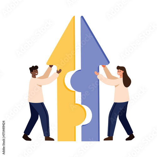 Two people connect yellow and blue puzzle arrows symbolizing teamwork and collaboration on isolated background vector illustration