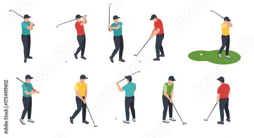 Isometric golf players in various poses and outfits on white background
