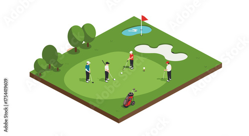 Isometric golf scene with players on a course