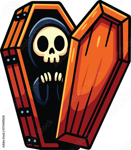 Cute grim reaper peeking from coffin with playful and spooky expression