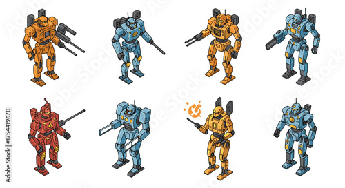 Set of colorful isometric robot designs with futuristic weaponry