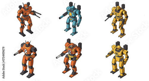 Isometric robot design collection in multi-color variations