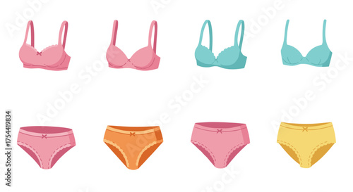 Colorful flat style lingerie set with matching bras and panties on white background