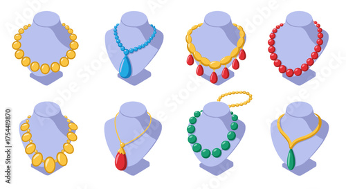 Elegant necklace display in isometric style with colorful gemstone designs