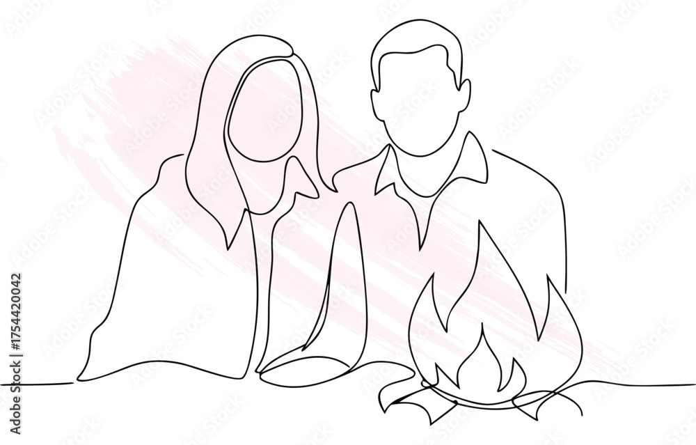 Fototapeta premium Continous line drawing a couple near a campfire with brush strokes Single line woman
