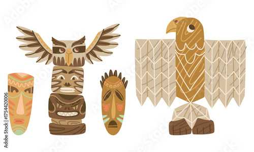A set of tribal totem poles and masks inspired by indigenous art. A flat, colorful vector illustration. Suitable for cultural projects, educational materials, tourism, design, and decoration.