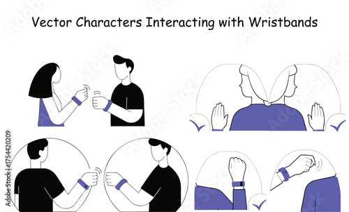 Vector art depicting people interacting with smart wristbands in various poses and perspectives