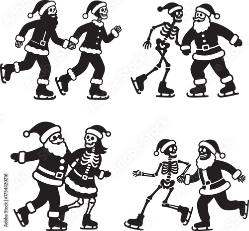 Skeleton couple wear Santa Claus ice skating silhouette design
