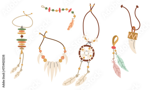 set of neck and hair ornaments from local tribes, dream catcher, animal bone and tooth jewelry, and hair beads and feathers. flat, colorful vector illustration. suitable cultural educational projects