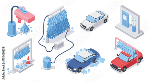 Isometric car wash process with various equipment and vehicles