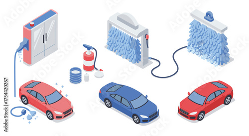 Isometric car wash scene with vehicles and cleaning equipment in blue and red tones