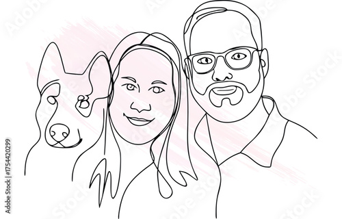 Continuous line drawing a couple their dog  family love