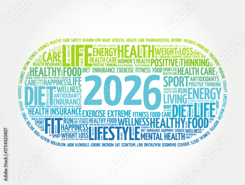 2026 word cloud in an oval shape filled with health, fitness, and lifestyle terms such as life, diet, wellness, energy, exercise, and happiness, symbolizing future goals for healthy living and wellbei