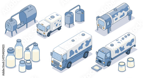 Isometric dairy industry icons featuring trucks and milk tanks in pastel blue