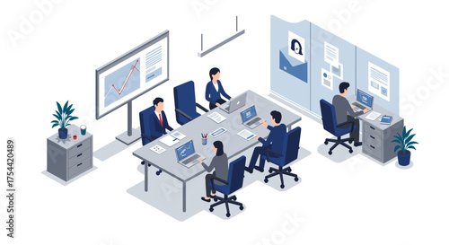 Modern office workspace with professionals collaborating in an isometric design