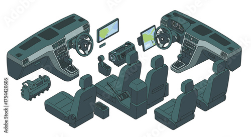 Isometric car interior design with dashboard and seats