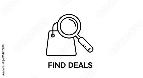 Magnifying glass over shopping bag with text find deals.