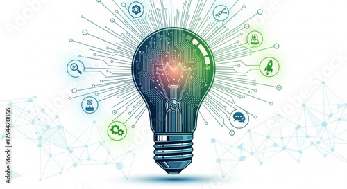 Innovative technology concept featuring a light bulb with circuit board patterns and connected icons, symbolizing advancement