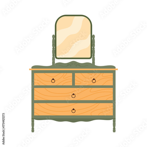 Classic rustic furniture dresser with mirror and wood texture isolated on white background vector illustration