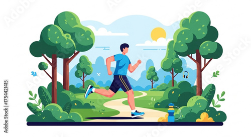 A vibrant illustration of a man jogging in a park, surrounded by lush greenery, trees, and a clear blue sky, promoting a healthy and active lifestyle