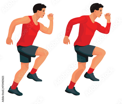 Asian man who runs up the stairs during a fitness class or workout in seasonal sportswear