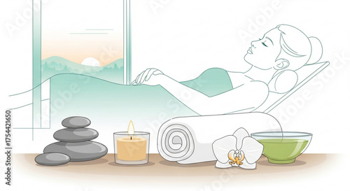 A tranquil spa scene featuring a woman relaxing on a lounger, surrounded by soothing elements like candles, orchids, and stones, promoting serenity