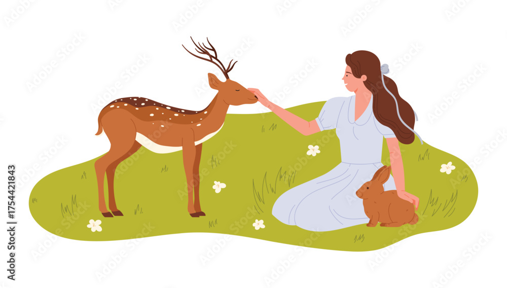 Naklejka premium Young woman sitting on grass petting deer and holding rabbit in a rustic isolated vector illustration