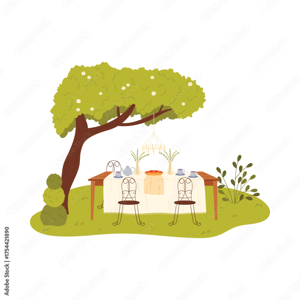 Fototapeta premium Charming rustic garden table with chairs, pie, and tea set under tree, isolated vector illustration