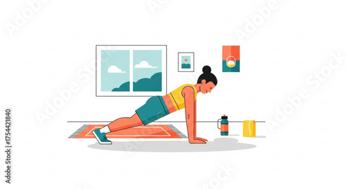 A woman is doing pushups at home near a window, on a mat, with a water bottle and towel nearby, showcasing a healthy lifestyle
