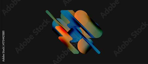 Abstract shapes overlap, creating vibrant color blends. Composition feels dynamic, modern, minimalist. Dark background emphasizes forms.