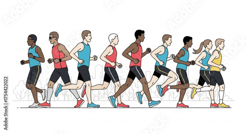 Diverse group of marathon runners in action, showcasing athleticism, endurance, and teamwork, a celebration of fitness and health