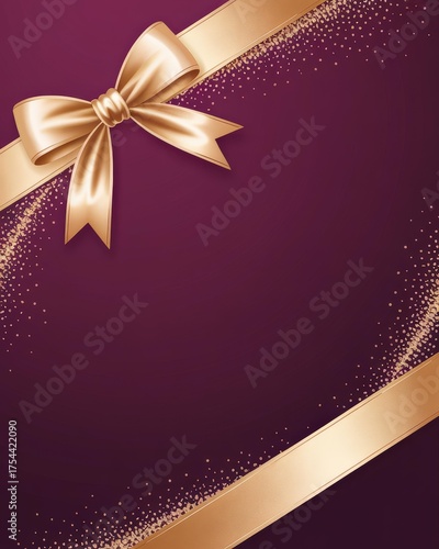 Luxury Gold Satin Bow with Diagonal Ribbons on Burgundy Background — Holiday Banner with Gold Glitter Confetti & Copy Space
