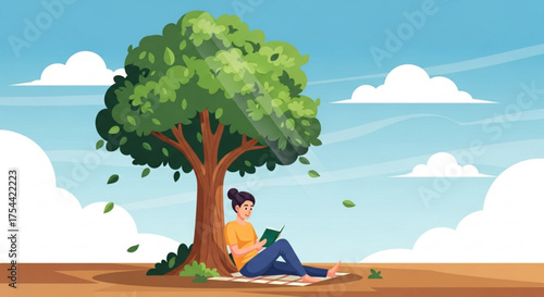 A woman reading a book under a tree on a sunny day, enjoying the tranquility of nature and promoting relaxation and mental wellbeing