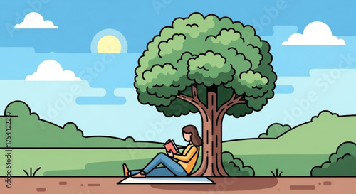 A woman is sitting under a tree reading a book on a sunny day, enjoying the nature and the peaceful atmosphere in the countryside, vector illustration