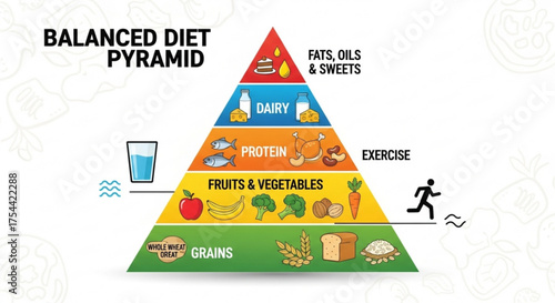 Balanced diet pyramid with food groups and exercise, including grains, fruits, vegetables, protein, dairy, fats, oils, and sweets, vector illustration