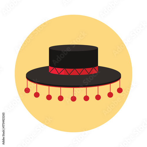 Classic Spanish flamenco hat with red accents on an isolated round background vector illustration
