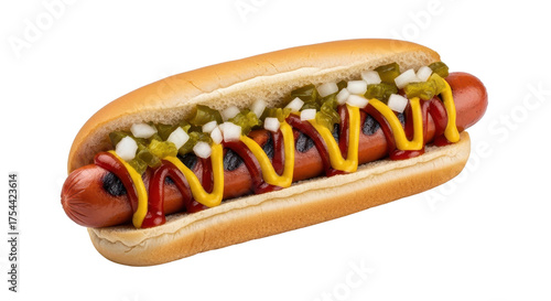 Delicious hot dog with mustard, ketchup and relish isolated PNG with Transparent Background