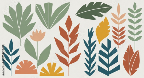 Colorful botanical illustration featuring various leaves and floral elements in a modern, abstract style, creating a vibrant and eyecatching composition