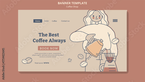 Barista character pouring coffee illustration for cafe landing page template.