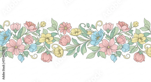 Floral border with pastel flowers decorative pattern with roses, leaves and swirls vector illustration in vintage style