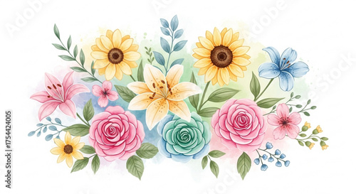 Watercolor flower arrangement roses, lilies, sunflowers, and other floral elements in a beautiful bouquet vector illustration
